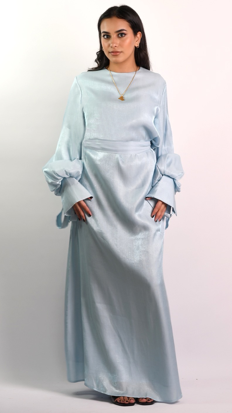 Lena Tie Sleeve Dress - Shimmery Powder Blue